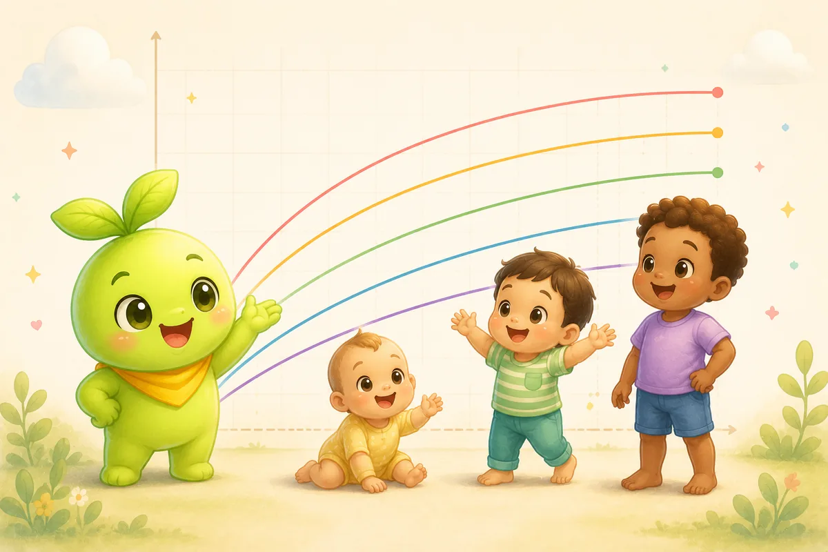 Illustration von Kindern verschiedenen Alters, die entlang einer Wachstumskurve in Regenbogenfarben wachsen, jedes auf seiner eigenen Perzentillinie