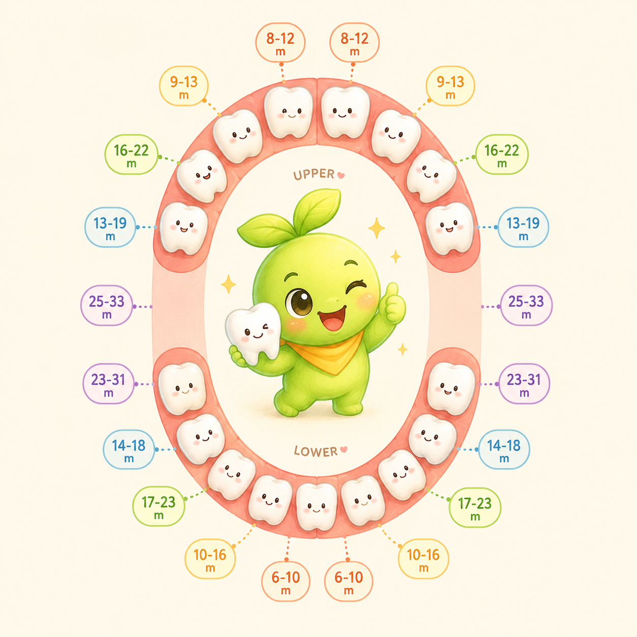 Baby tooth eruption chart: upper and lower primary teeth with the typical age range in months for each, from lower central incisors at 6–10 months to second molars at 25–33 months.